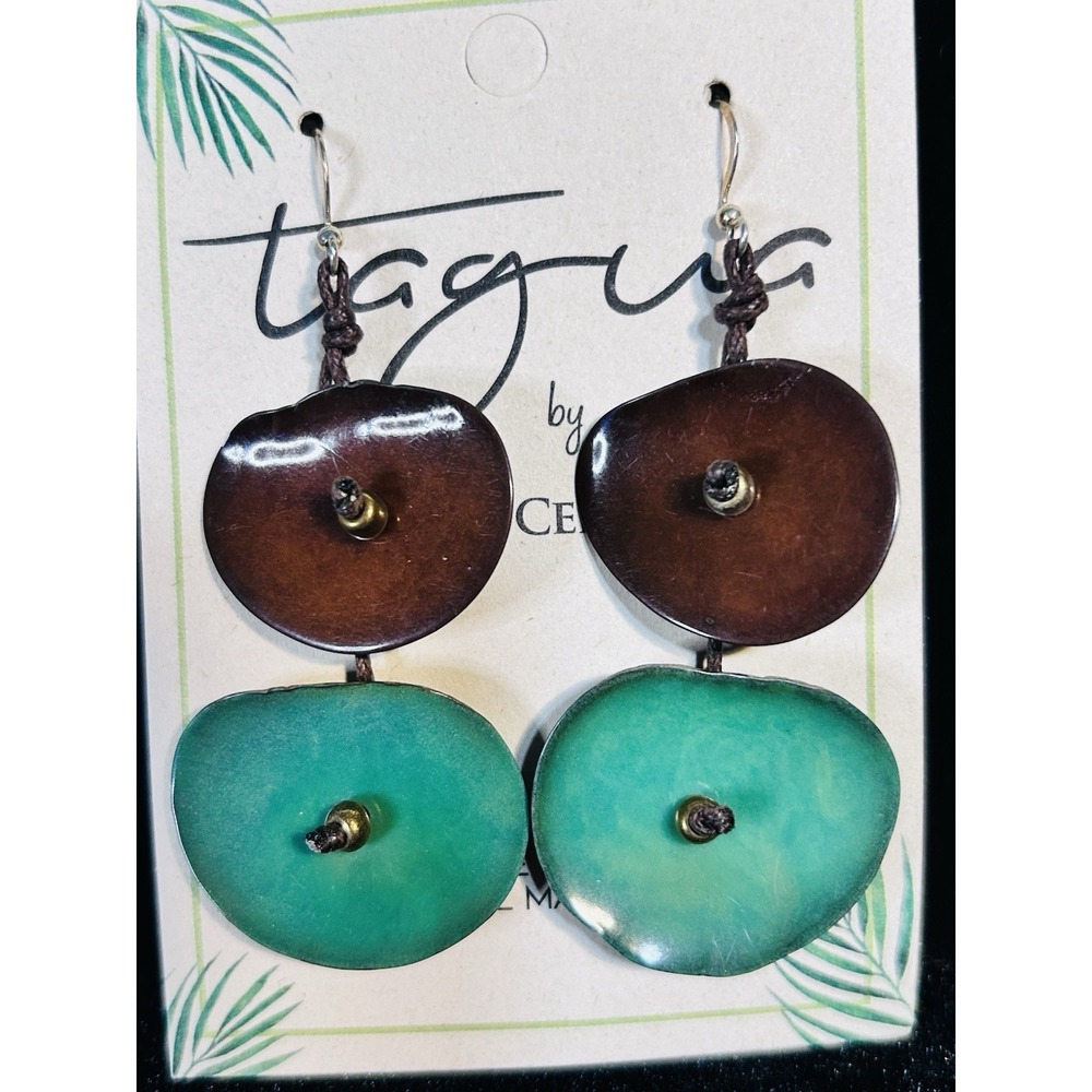 Tagua Nut Earrings Turquoise Brown Unique Handmade 100% Natural Ecuador